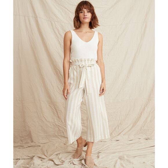 Marine Layer Caroline Pant in Tan/White Stripe‎ Wide Leg Flowy Hemp Size Small - Picture 1 of 11